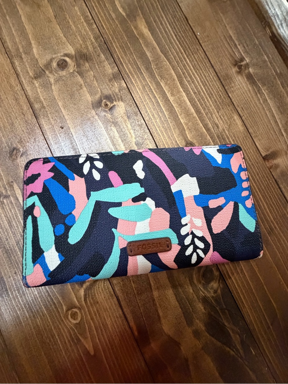 Fossil Multicolor Floral Print Zip Around Wallet in Pink, Blue, Teal and Black